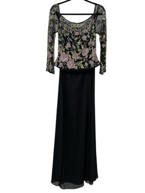CASSANDRA STONE Black Formal Dress Mesh Top Pink Green Floral Sequins Beads 12